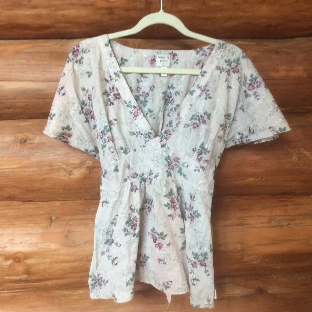 Tommy Jeans Y2K Floral Silver Metallic Threads Babydoll Retro Top Size Medium - Picture 1 of 5